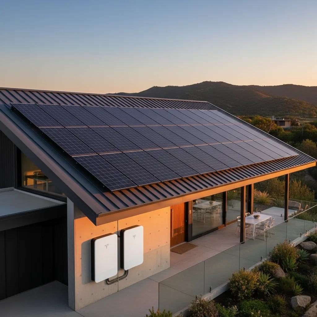 Tesla Powerwall and solar panels installed on modern home at golden hour