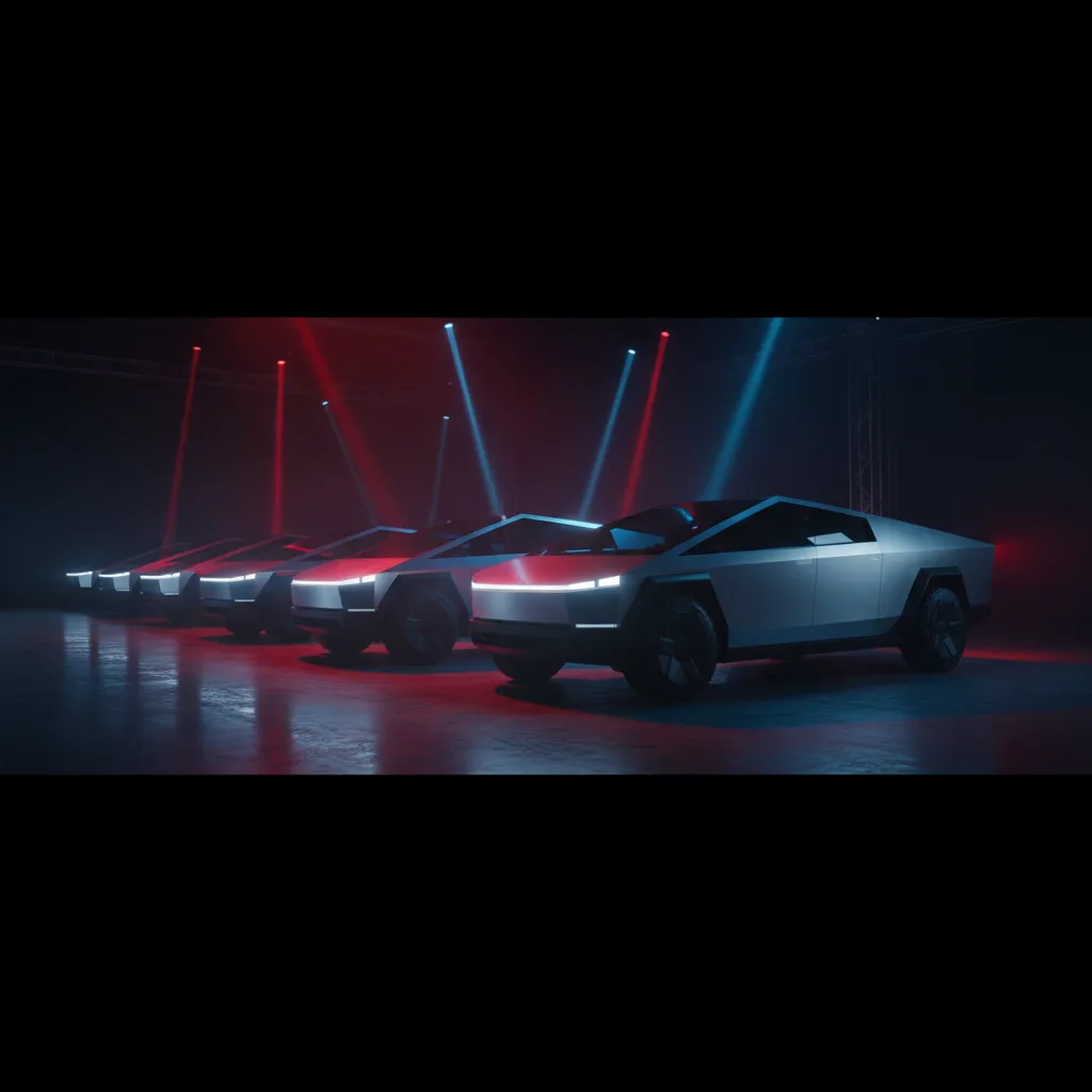 Tesla Cybertruck fleet lineup in dramatic dark studio with cinematic lighting